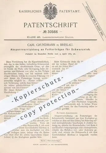 original Patent - Carl Grundmann , Breslau , 1884 , Absperrvorrichtung an Futtertrögen für Schwarzvieh | Tierzucht !!
