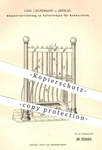 original Patent - Carl Grundmann , Breslau , 1884 , Absperrvorrichtung an Futtertrögen für Schwarzvieh | Tierzucht !!