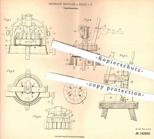 original Patent - Hermann Bertram , Halle / Saale , 1901 , Teigteilmaschinen | Brot , Brotteig , Bäcker , Bäckerei !!!