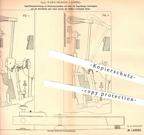 original Patent - Julius Feurich , Leipzig  1903 , Repetitionseinrichtung an Pianinomechaniken | Piano , Klavier , Musik