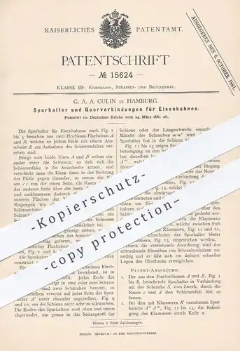 original Patent - G. A. A. Culin , Hamburg , 1881 , Spurhalter & Querverbindungen für Eisenbahnen | Eisenbahn , Schienen