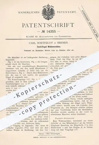 original Patent - Carl Bortfeldt , Bremen , 1880 , Zentrifugal - Walkmaschine | Filz , Hut , Hüte , Modist , Bekleidung