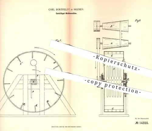 original Patent - Carl Bortfeldt , Bremen , 1880 , Zentrifugal - Walkmaschine | Filz , Hut , Hüte , Modist , Bekleidung