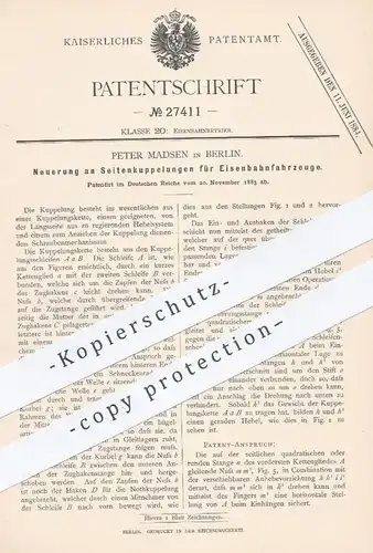 original Patent - Peter Madsen , Berlin , 1883 , Seitenkupplungen für Eisenbahn , Eisenbahnen | Kupplung , Lokomotive !