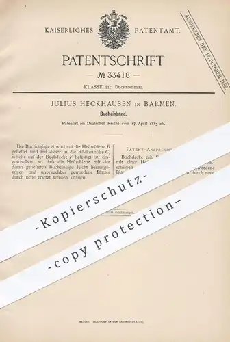 original Patent - Julius Heckhausen , Barmen , 1885 , Bucheinband | Buch , Bücher , Buchbinder , Buchbinderei , Papier !