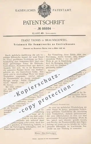 original Patent - Franz Trinks , Braunschweig , 1896 , Triebwerk für Summierwerke an Kontrollkassen | Kasse , Kassen !