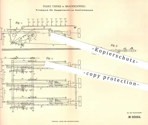 original Patent - Franz Trinks , Braunschweig , 1896 , Triebwerk für Summierwerke an Kontrollkassen | Kasse , Kassen !