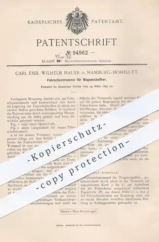 original Patent - Carl E. W. Hauer , Hamburg Hoheluft , 1897 , Fahrscheintrommel für Schaffner | Straßenbahn , Eisenbahn