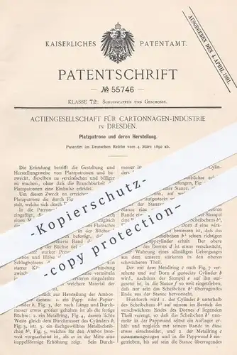 original Patent - AG für Kartonagen Industrie , Dresden , 1890 , Platzpatrone | Pappe , Gewehr , Patrone , Waffen !!!