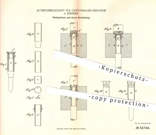 original Patent - AG für Kartonagen Industrie , Dresden , 1890 , Platzpatrone | Pappe , Gewehr , Patrone , Waffen !!!