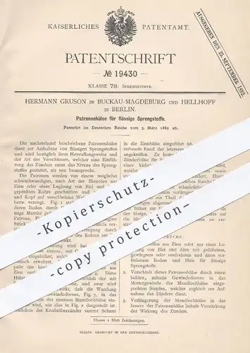 original Patent - Hermann Gruson , Magdeburg / Buckau , Hellhoff , Berlin , 1882 , Patronenhülse flüssige Sprengstoffe !