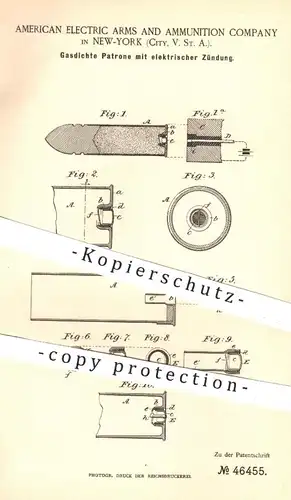 original Patent - American Electric Arms & Ammunition Comp. , New York USA  1888 , Gasdichte Patrone | Gewehr , Munition