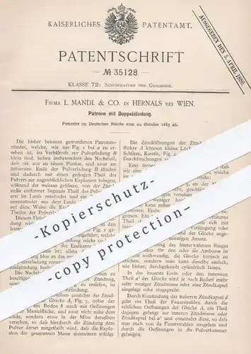original Patent - L. Mandl & Co. , Hernals / Wien , 1885 , Patrone mit Doppelzündung | Zündhütchen , Gewehr , Patronen !