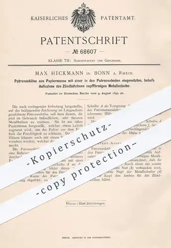 original Patent - Max Heckmann , Bonn , 1892 , Platzpatronenhülse aus Papiermasse | Zündhütchen , Gewehr , Patronen !!