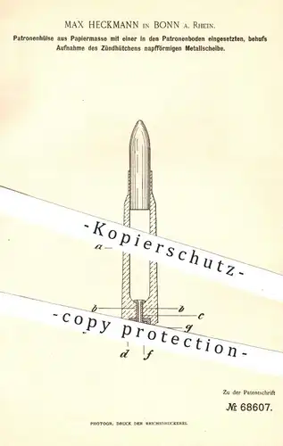 original Patent - Max Heckmann , Bonn , 1892 , Platzpatronenhülse aus Papiermasse | Zündhütchen , Gewehr , Patronen !!
