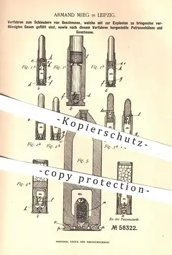 original Patent - Armand Mieg , Leipzig 1890 , Schleudern der Geschosse u. Patronenhülsen | Gewehr , Munition , Patronen