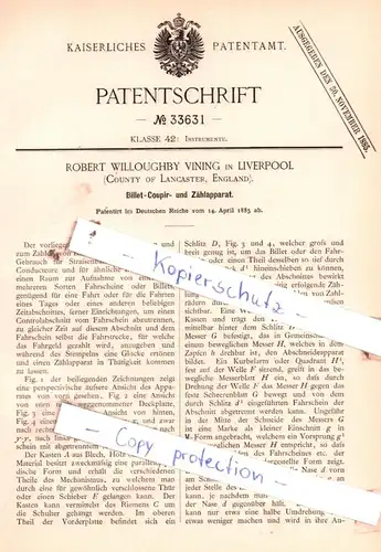 original Patent - Robert Willoughby Vining in Liverpool , England , 1885 , Billet-Coupir- und Zählapparat !!!