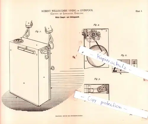 original Patent - Robert Willoughby Vining in Liverpool , England , 1885 , Billet-Coupir- und Zählapparat !!!