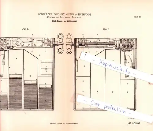 original Patent - Robert Willoughby Vining in Liverpool , England , 1885 , Billet-Coupir- und Zählapparat !!!