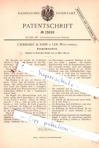 original Patent - J. Eckhardt & Sohn in Ulm , Württemberg , 1885 ,  Dengelmaschine !!!