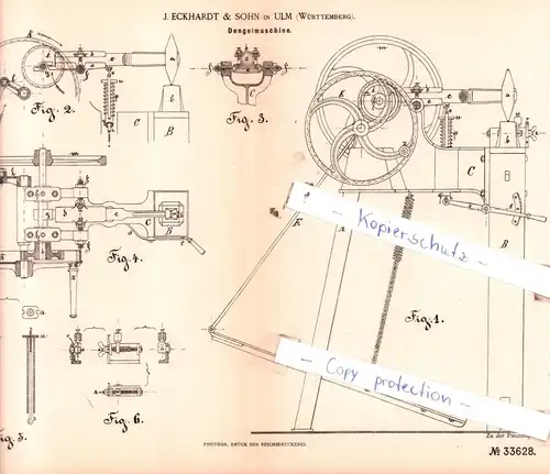 original Patent - J. Eckhardt & Sohn in Ulm , Württemberg , 1885 ,  Dengelmaschine !!!