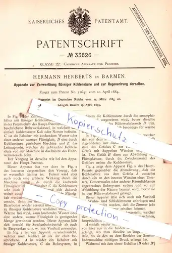 original Patent - Hermann Herberts in Barmen , 1885 , Apparate zur Verwerthung flüssiger Kohlensäure !!!