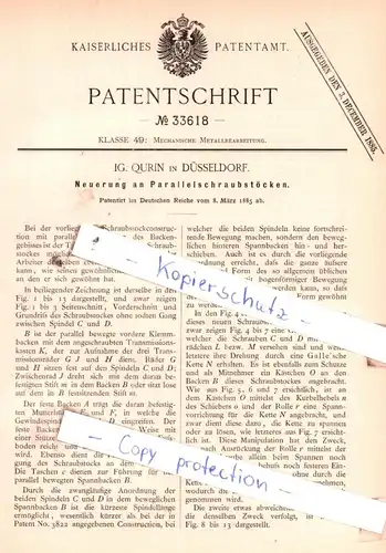 original Patent - IG. Qurin in Düsseldorf , 1885 , Neuerung an Parallelschraubstöcken !!!