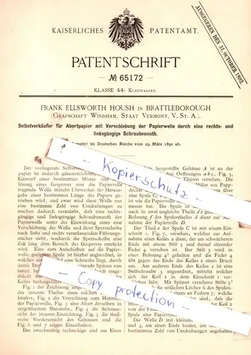 original Patent -  Frank Ellsworth Housh in Brattleborough , V. St. A. , 1892 , Kurzwaaren !!!