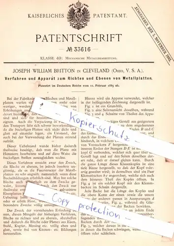 original Patent - Joseph William Britton in Cleveland , Ohio, V. S. A. , 1885 , Mechanische Metallbearbeitung !!!