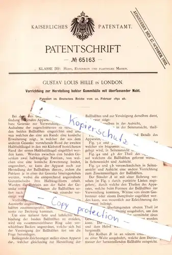 original Patent - Gustav Louis Hille in London , 1892 , Vorrichtung zur Herstellung hohler Gummibälle !!!
