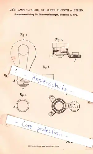 original Patent - Glühlampen-Fabrik, Gebrüder Pintsch in Berlin , 1892 , Elektrische Apparate !!!