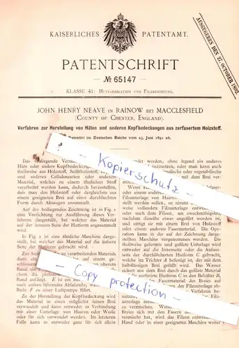original Patent - John Henry Neave in Rainow bei Macclesfield , England , 1891 , Herstellung von Hüten !!!