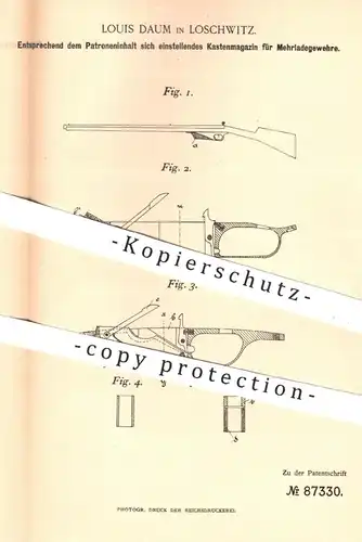 original Patent - Louis Daum , Loschwitz / Dresden , 1895 , Magazin für Mehrladegewehr Gewehre , Jagd , Waffen , Militär