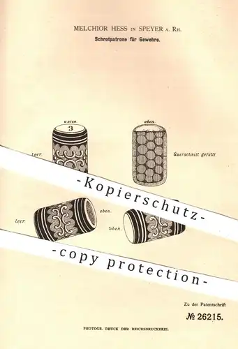 original Patent - Melchior Hess , Speyer a. Rh. , 1883 , Schrotpatrone für Gewehre | Patronen , Jagd , Waffen , Militär