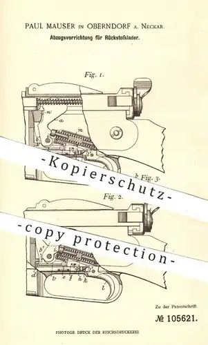 original Patent - Paul Mauser , Oberndorf / Neckar , 1898 , Abzug für Rückstoßlader - Gewehre | Jagd , Waffen , Militär