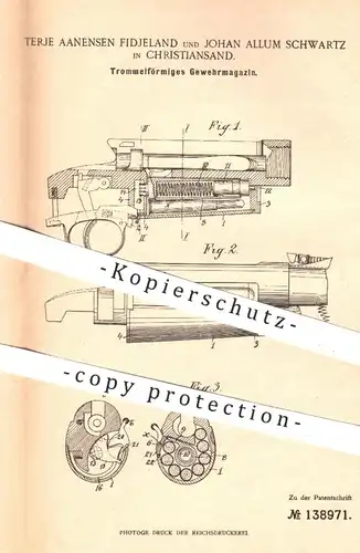 original Patent - Terje Aanensen Fidjeland / Johan Allum Schwartz , Christiansland  1901 , Gewehrmagazin , Jagd , Waffen