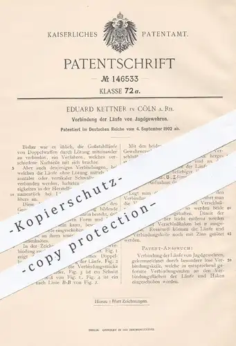 original Patent - Eduard Kettner , Köln / Rhein , 1902 , Verbindung der Läufe am Jagdgewehr | Gewehr , Jagd , Waffen !!!