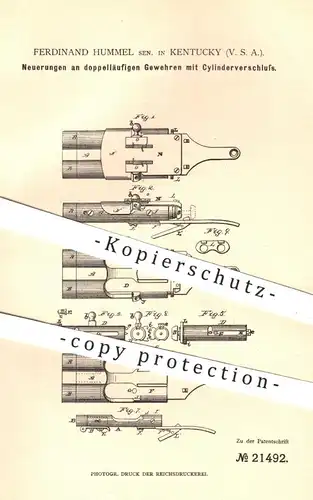 original Patent - Ferdinand Hummel , Kentucky , USA , 1882 , doppelläufige Gewehre | Gewehr , Jagd , Militär , Waffen !!