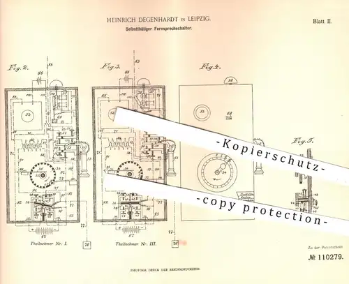 original Patent - Heinr. Degenhardt , Leipzig , 1897 , Selbsttätiger Fernsprechschalter | Fernsprecher , Telefon , Strom