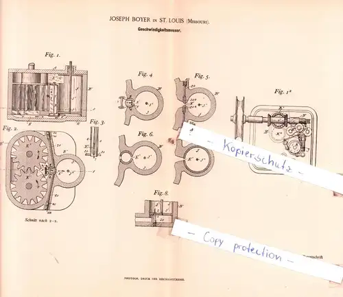 original Patent - Joseph Boyer in St. Louis , Missouri , 1892 , Geschwindigkeitsmesser !!!