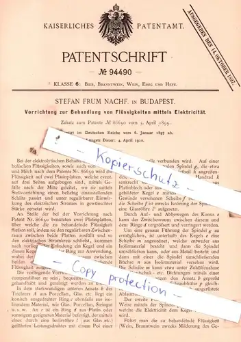 original Patent - S. F. Nachf. in Budapest , 1897 , Vorrichtung zur Behandlung von Füssigkeiten mittels Electricität !!!