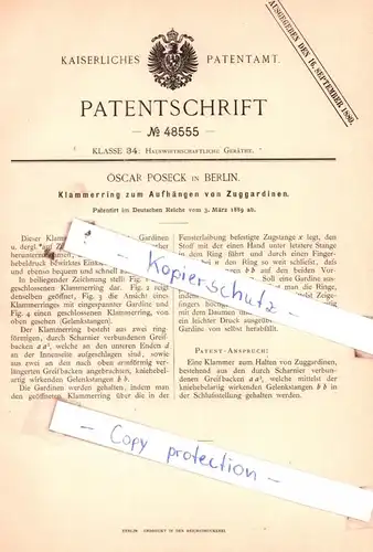 original Patent - Oscar Poseck in Berlin , 1889 , Klammerring zum Aufhängen von Zuggardinen !!!