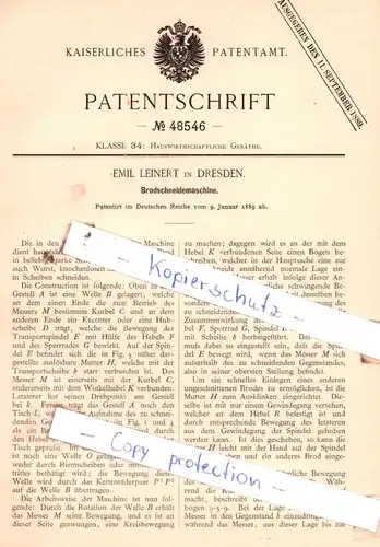 original Patent - Emil Leinert in Dresden , 1889 , Brodschneidemaschine !!!