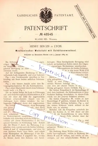 original Patent -  Henry Berger in Lyon , 1889 , Mechanischer Webstuhl mit Schützenwechsel !!!
