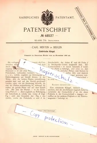 original Patent -  Carl Mertin in Berlin , 1888 ,  Elektrische Klingel !!!