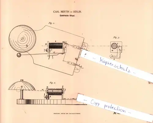original Patent -  Carl Mertin in Berlin , 1888 ,  Elektrische Klingel !!!