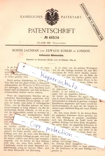 original Patent -  Morris Lachman und Edward Kohler in London , 1889 , Kettenstich-Nähmaschine !!!