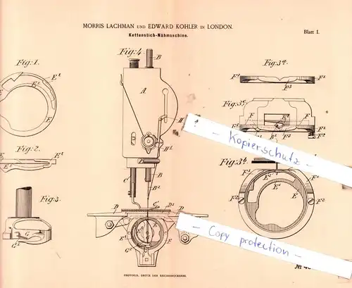 original Patent -  Morris Lachman und Edward Kohler in London , 1889 , Kettenstich-Nähmaschine !!!