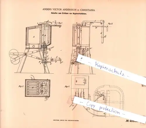 original Patent -  Anders Victor Andersson in Christiania , 1889 ,  Heizofen zum Erhitzen von Nagelwerkstücken !!!