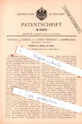 original Patent - Edward A. Uehling und Alfred Steinbart in Birmingham , 1894 , Verfahren zur Analyse von Gasen !!!